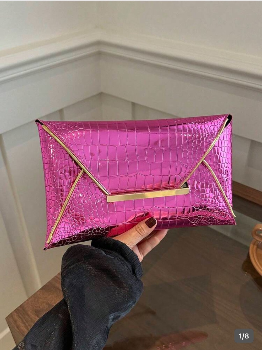 Metallic Pink Envelope Clutch with Gold Trim
